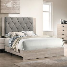 Contemporary 1pc Cream Finish California King Size Bed Bedroom Furniture Gray Tufted Design Headboard Rubberwood 1pc Bedframe