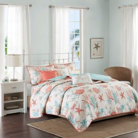 6 Piece Cotton Sateen Quilt Set with Throw Pillows Coral King/Cal King