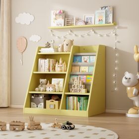 Yellow Wooden Toy Storage Organizer Cabinet Kids Bookshelf Children Bookcase Toddler Baby Sling Book Rack Adjustable Shelf for Playroom Bedroom N