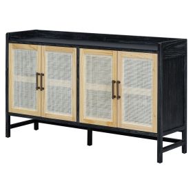 TREXM Rustic Sideboard with Decorative Rattan Doors and Adjustable Shelves for Entryway, Dining Room, or Living Room (Black+Natural)