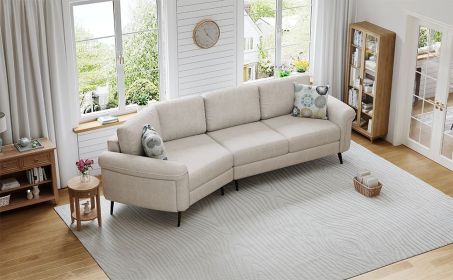 111" Upholstered 3-seater Sofa Curved Sofa Couch with Two Printed Pillows for Living Room, Beige