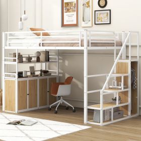 Full Size Metal Loft Bed with Storage Staircase and Wardrobe,Shelves and Lockers,White