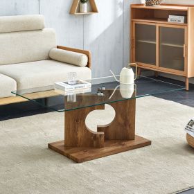 A rectangular modern and fashionable coffee table with tempered glass tabletop and wooden color MDF leg.Suitable for living room.47.2"*25.5"*18"M