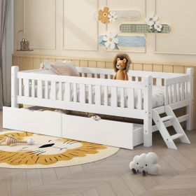 Wood Twin Size Platform Bed with Guardrail and 2 Drawers, White(ETA:2.17)