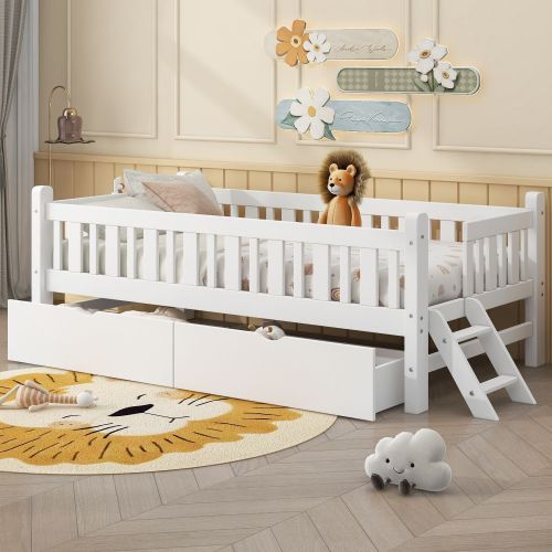 Wood Twin Size Platform Bed with Guardrail and 2 Drawers, White(ETA:2.17)