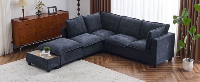 90" U-shaped Sectional Sofa Modular Sofa Couch with a Movable Ottoman , a Coffee Table with Hidden Charging Devices for Living Room, Blue
