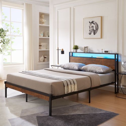 Queen Size Metal Platform Bed Frame with Wooden Headboard and Footboard with USB LINER,LED Lights, No Box Spring Needed, Large Under Bed Storage