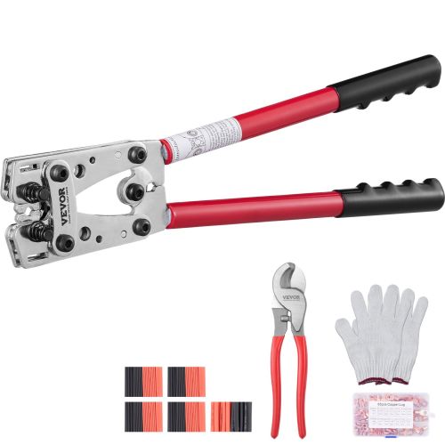 VEVOR Crimping Tool, AWG Copper And Aluminum Terminal Battery Lug Crimper, 6 Wire Sizes Crimping Die, With A Cutting Pliers, Gloves, 95pcs Copper
