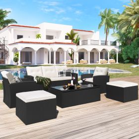 6-piece All-Weather Wicker PE rattan Patio Outdoor Dining Conversation Sectional Set with coffee table, wicker sofas, ottomans, removable cushion (Color: Beige)