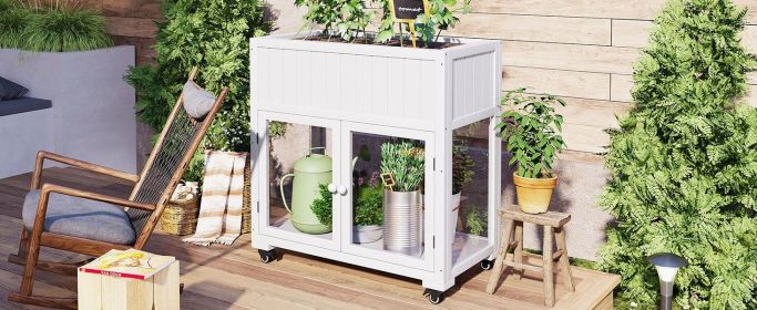 TOPMAX Patio 35.4''x17.7''x37.4'' Mini Wood Cold Frame, Compact 2 Doors Garden Greenhouse with Wheels, Raised Bed with Liner for Indoor Outdoor U (Color: as Pic)